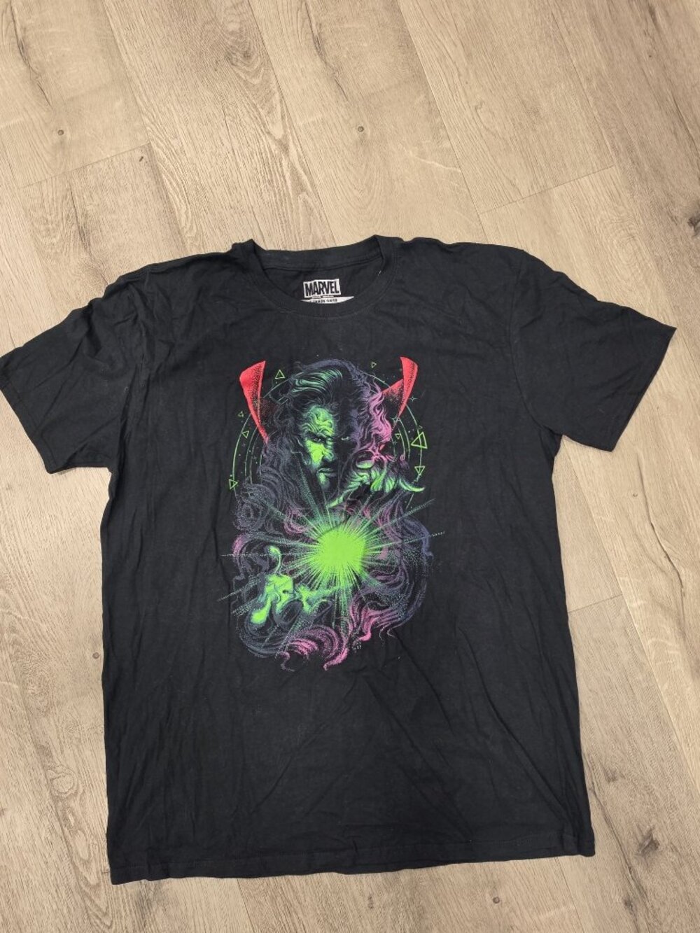 Marvel Doctor Strange Black Graphic Tee Shirt Featuring Neon Colors XL 100% Cott